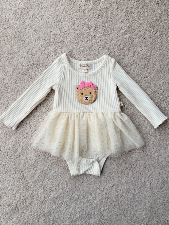 Baybe Bee Other - Baybe Bee Cream Ribbed Tutu Bodysuit with Bear Applique